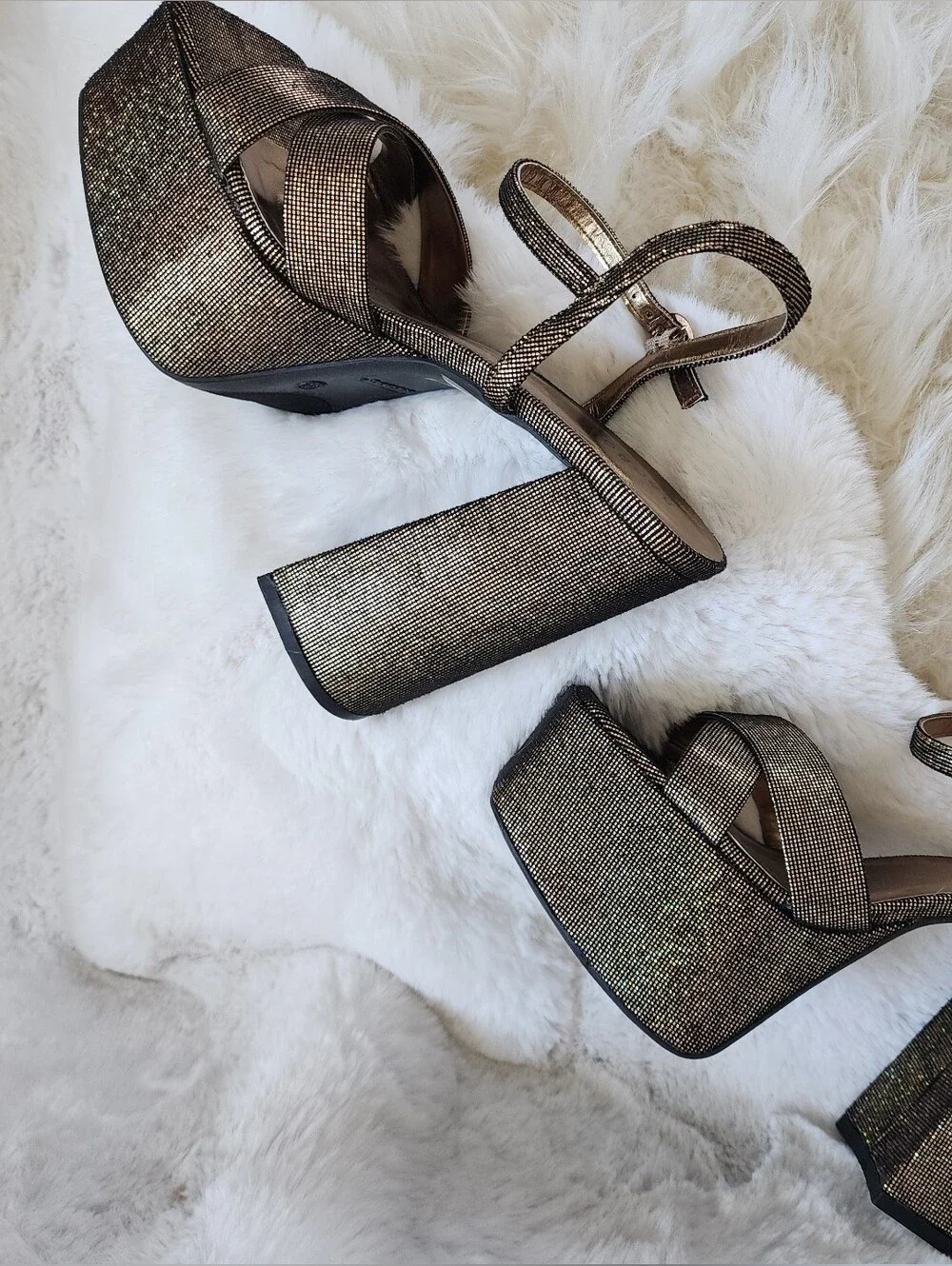 BAMBOO Gold Sparkle Platform Block Heel Sandals